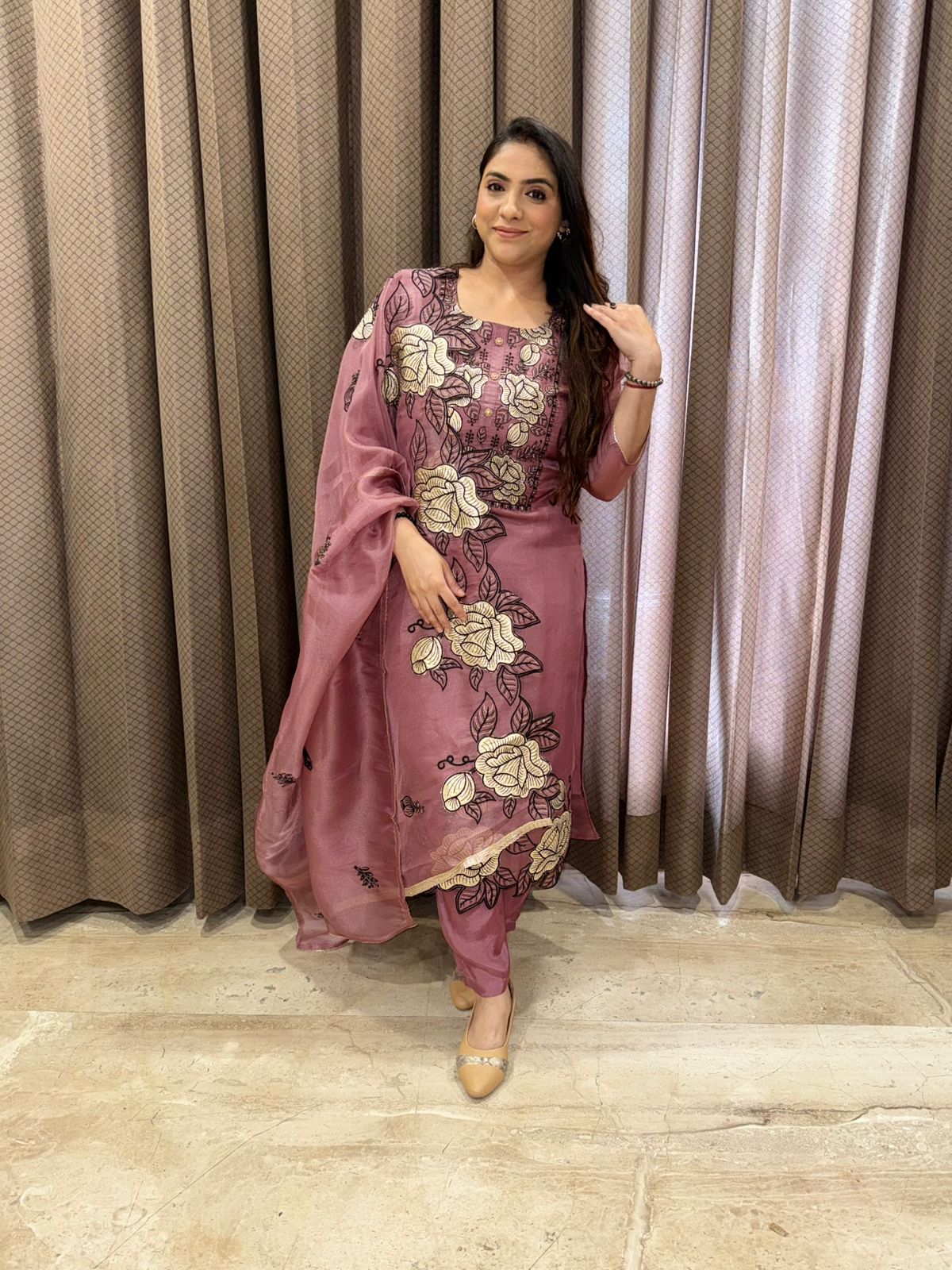 Mauve Floral Applique work Kurta set with Dupatta