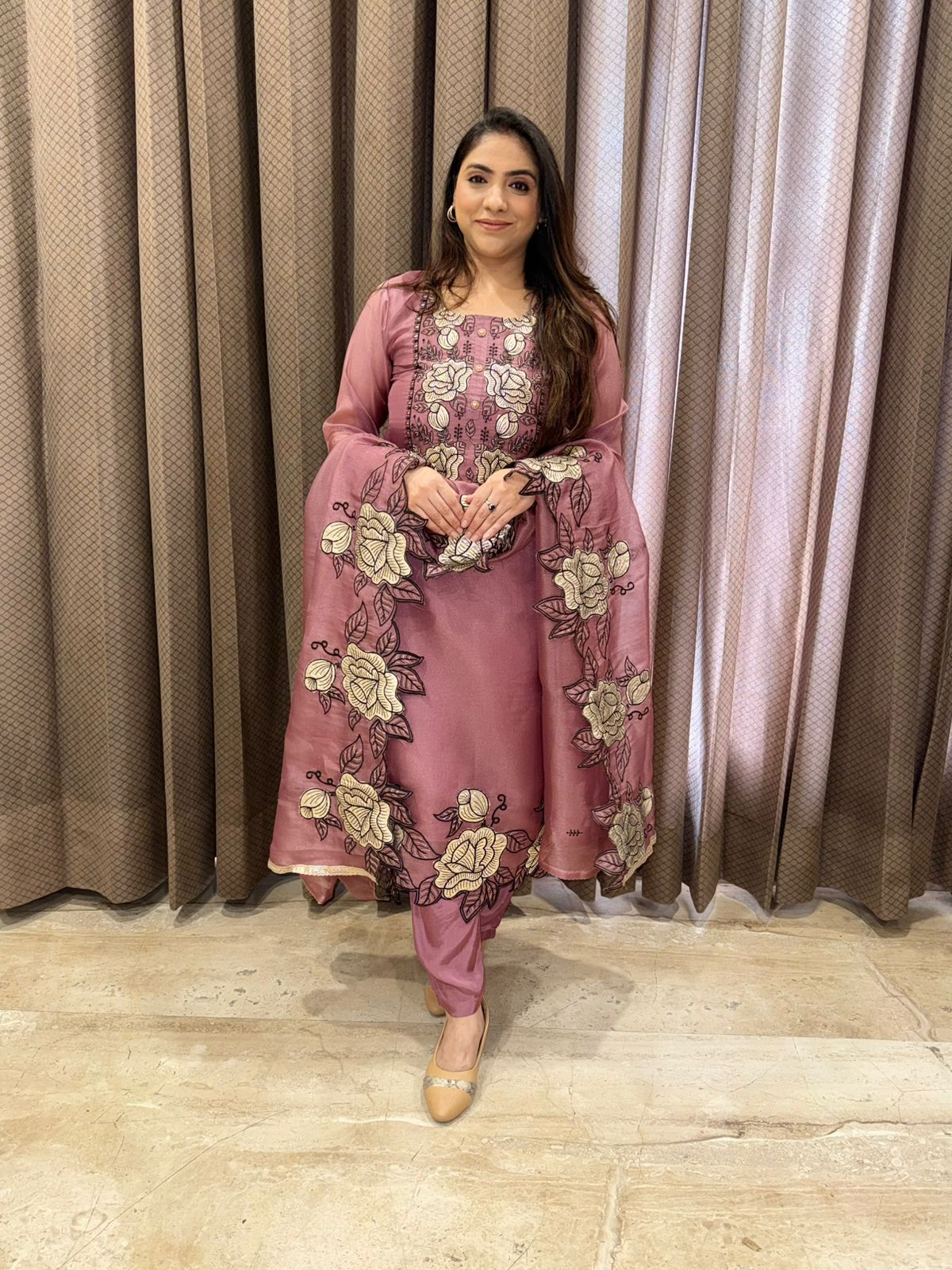 Mauve Floral Applique work Kurta set with Dupatta