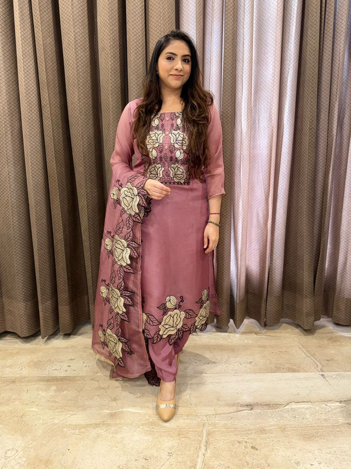 Mauve Floral Applique work Kurta set with Dupatta