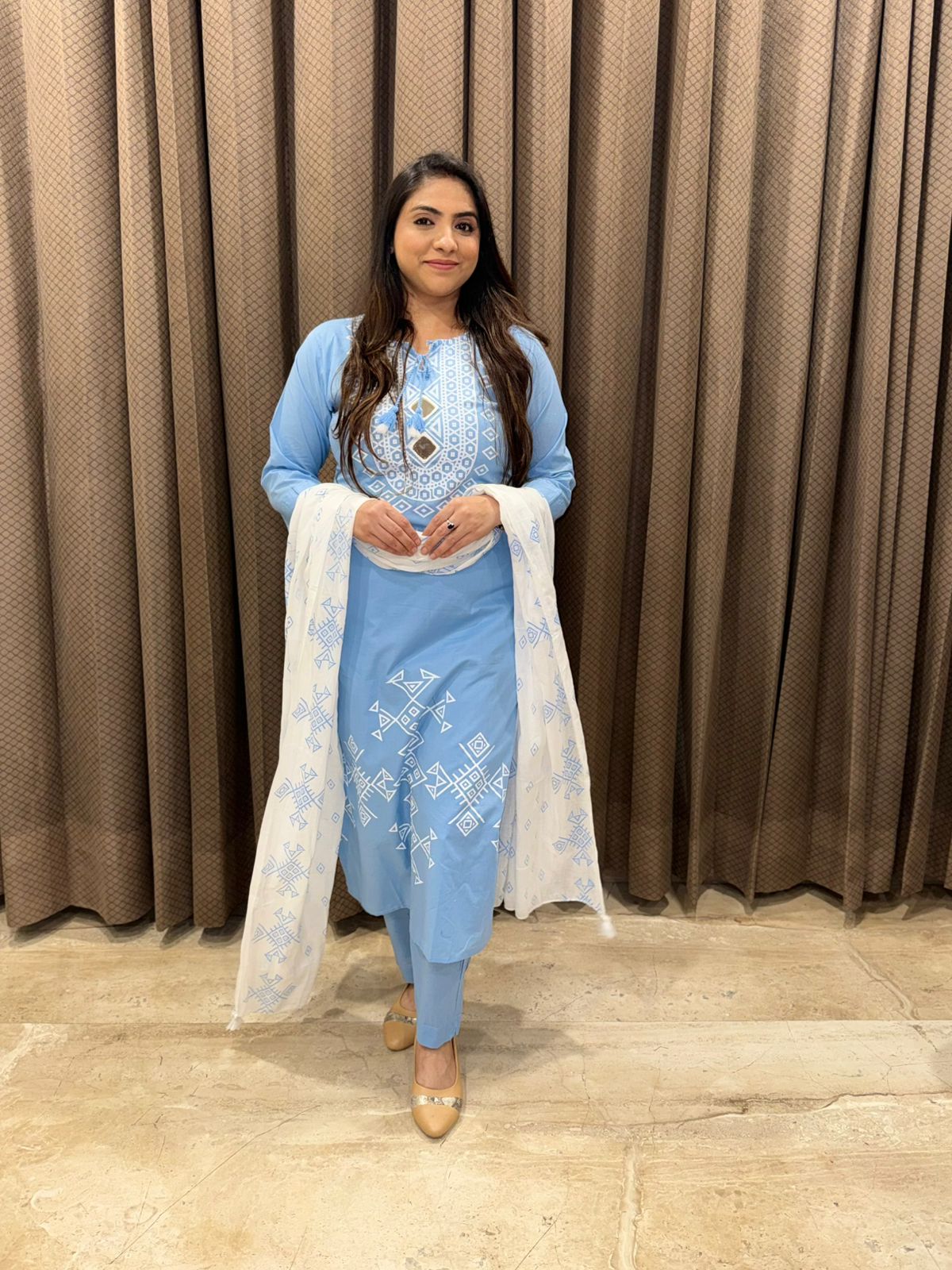 Blue Printed Kurta Set with White Dupatta & Geometric Motif Detailing