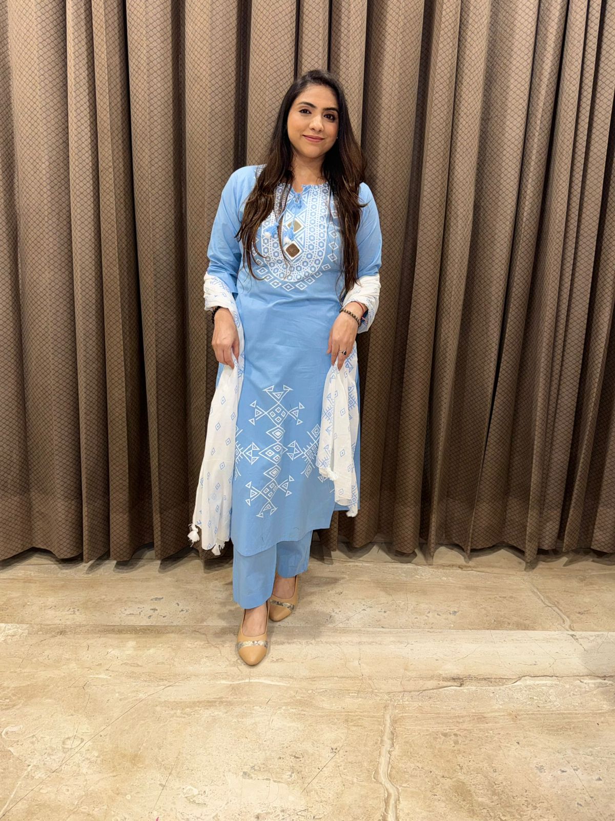 Blue Printed Kurta Set with White Dupatta & Geometric Motif Detailing