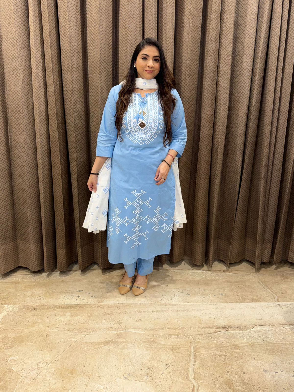 Blue Printed Kurta Set with White Dupatta & Geometric Motif Detailing