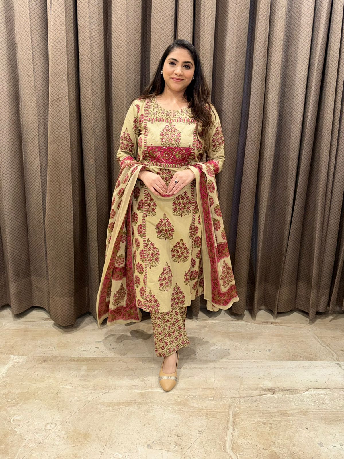Beige Printed Cotton Kurta Set with Maroon Motifs & Dupatta