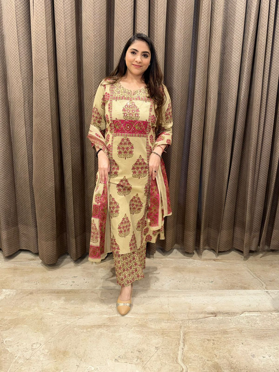 Beige Printed Cotton Kurta Set with Maroon Motifs & Dupatta
