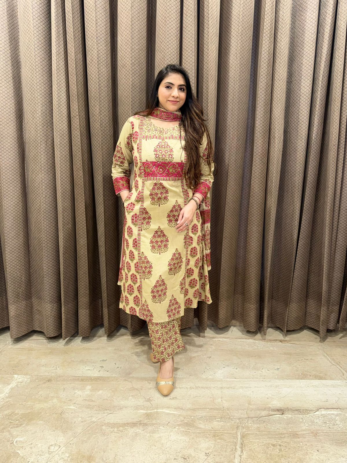 Beige Printed Cotton Kurta Set with Maroon Motifs & Dupatta
