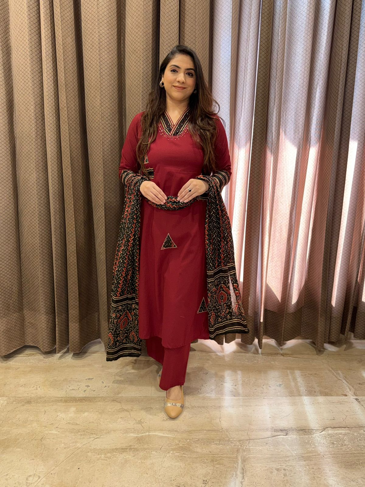 Maroon Designer Cotton kurta set with Dupatta