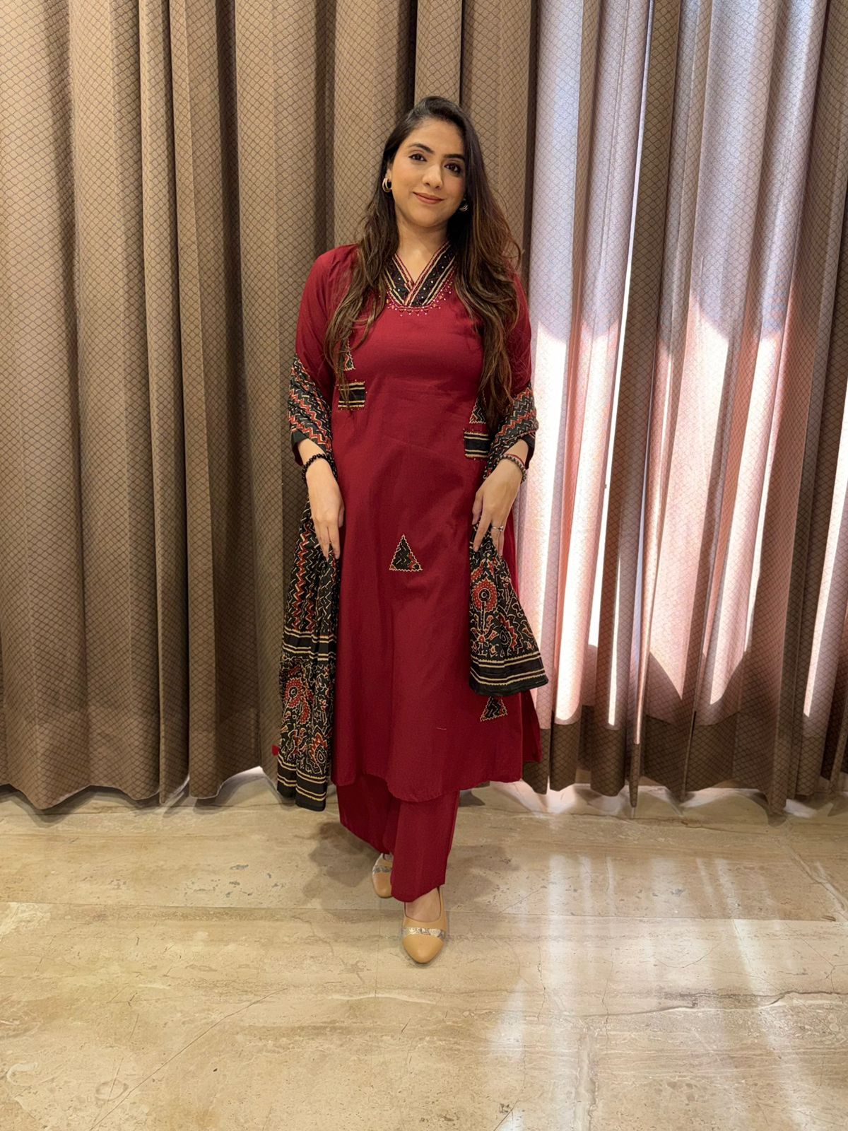 Maroon Designer Cotton kurta set with Dupatta
