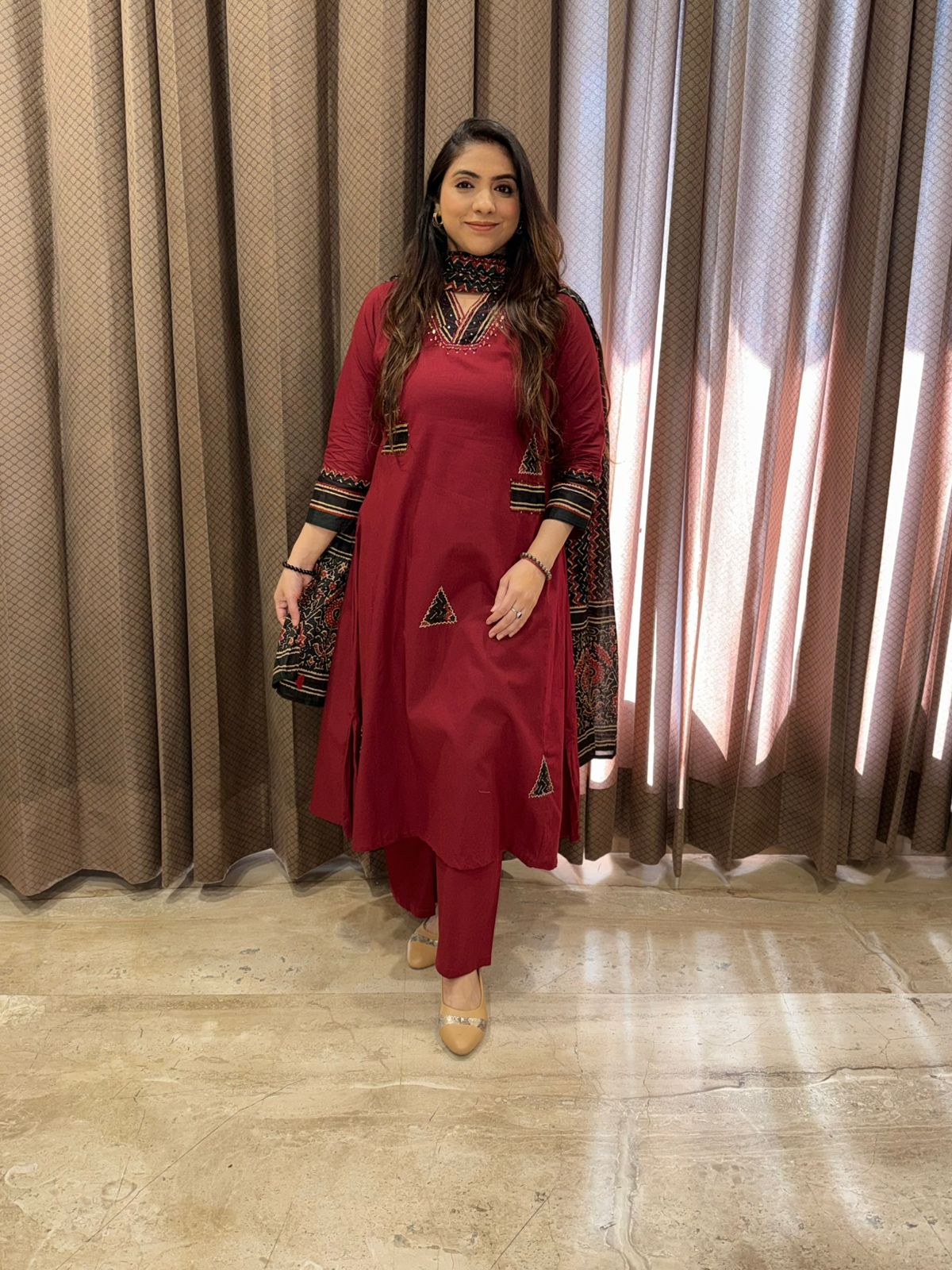 Maroon Designer Cotton kurta set with Dupatta