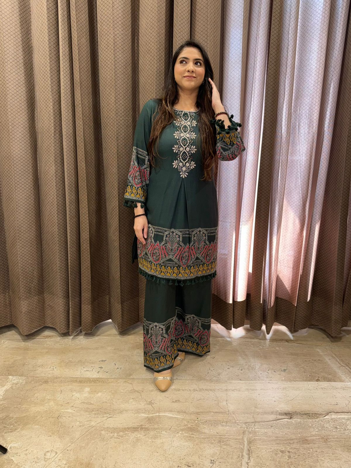 Dark Green Comfy Co-ord Set with Multicolor Borders & Tassel Detailing