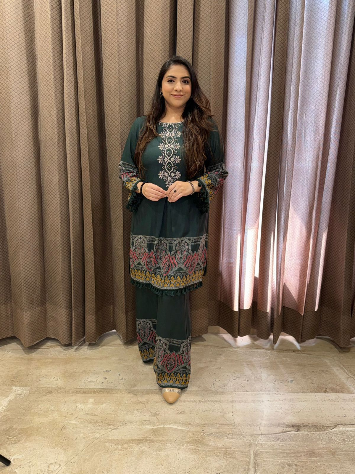 Dark Green Comfy Co-ord Set with Multicolor Borders & Tassel Detailing