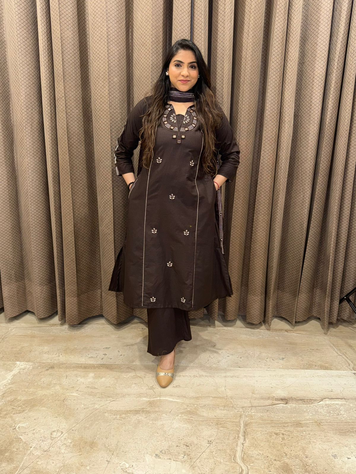 Rich Chocolate Brown Ethnic Kurta Set with Intricate Neck Embroidery
