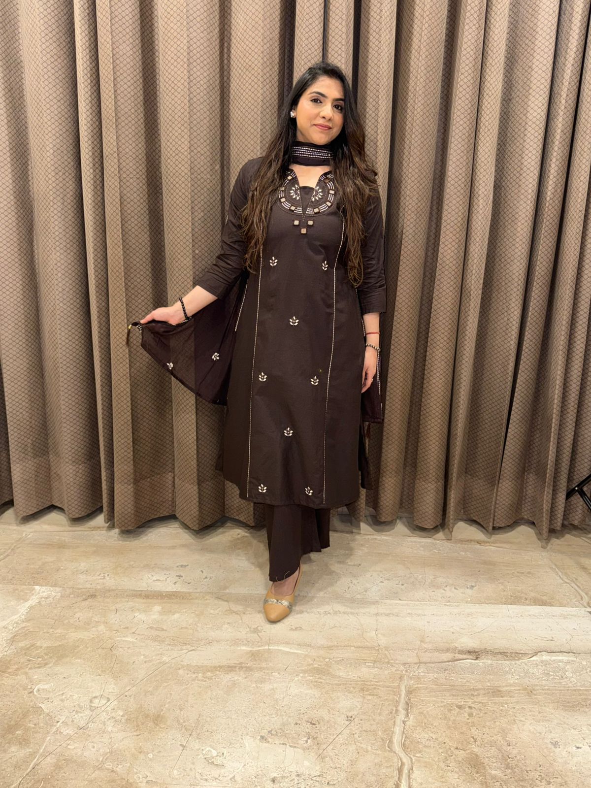 Rich Chocolate Brown Ethnic Kurta Set with Intricate Neck Embroidery