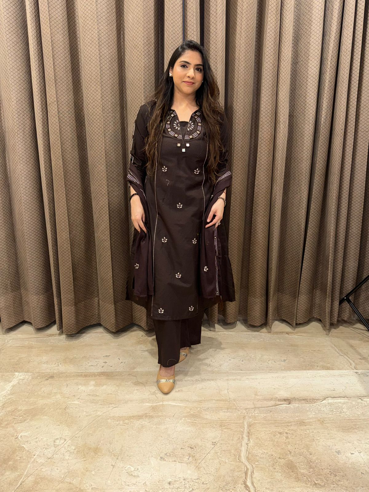 Rich Chocolate Brown Ethnic Kurta Set with Intricate Neck Embroidery