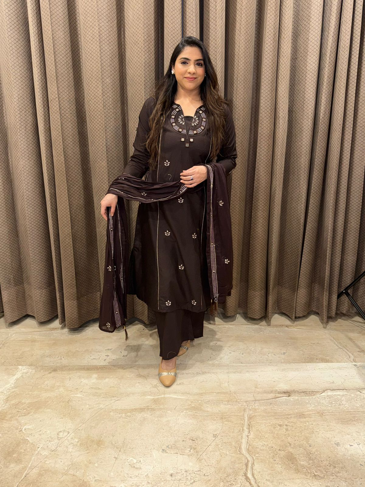 Rich Chocolate Brown Ethnic Kurta Set with Intricate Neck Embroidery