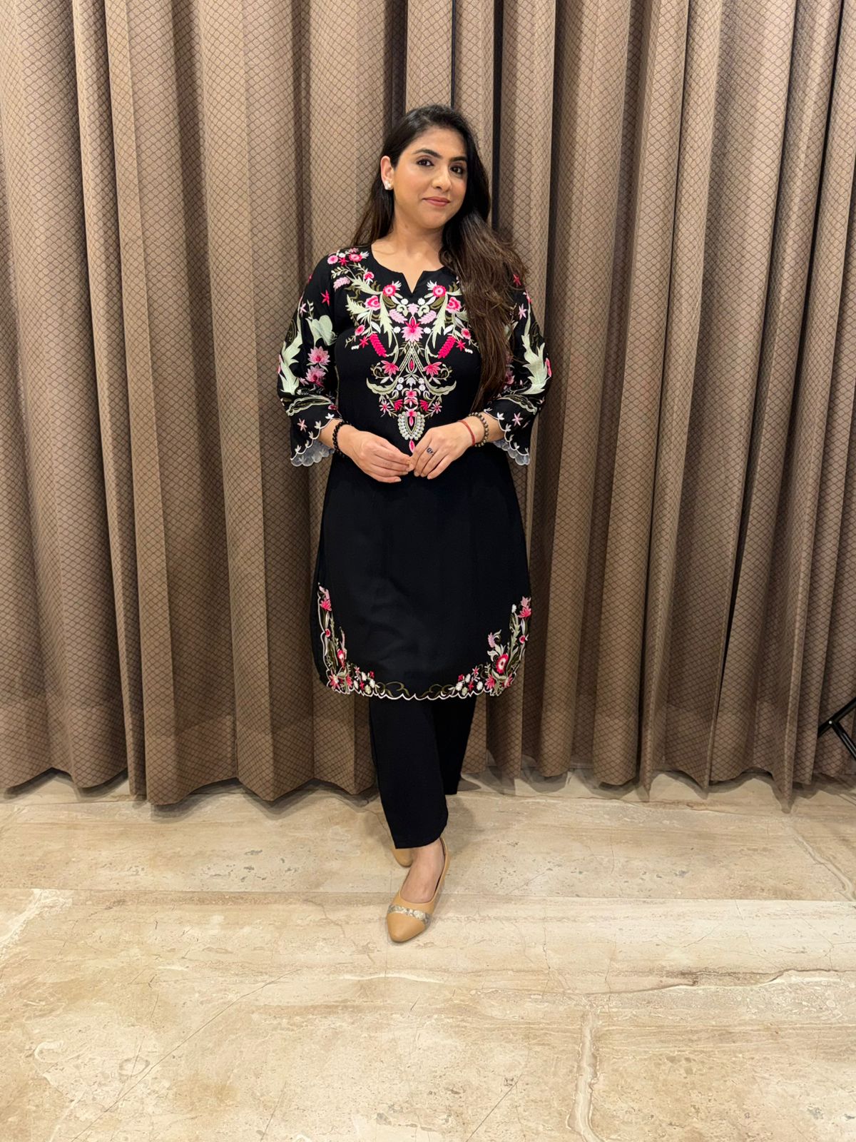 Jet Black Floral Embroidered  Co-ord Set
