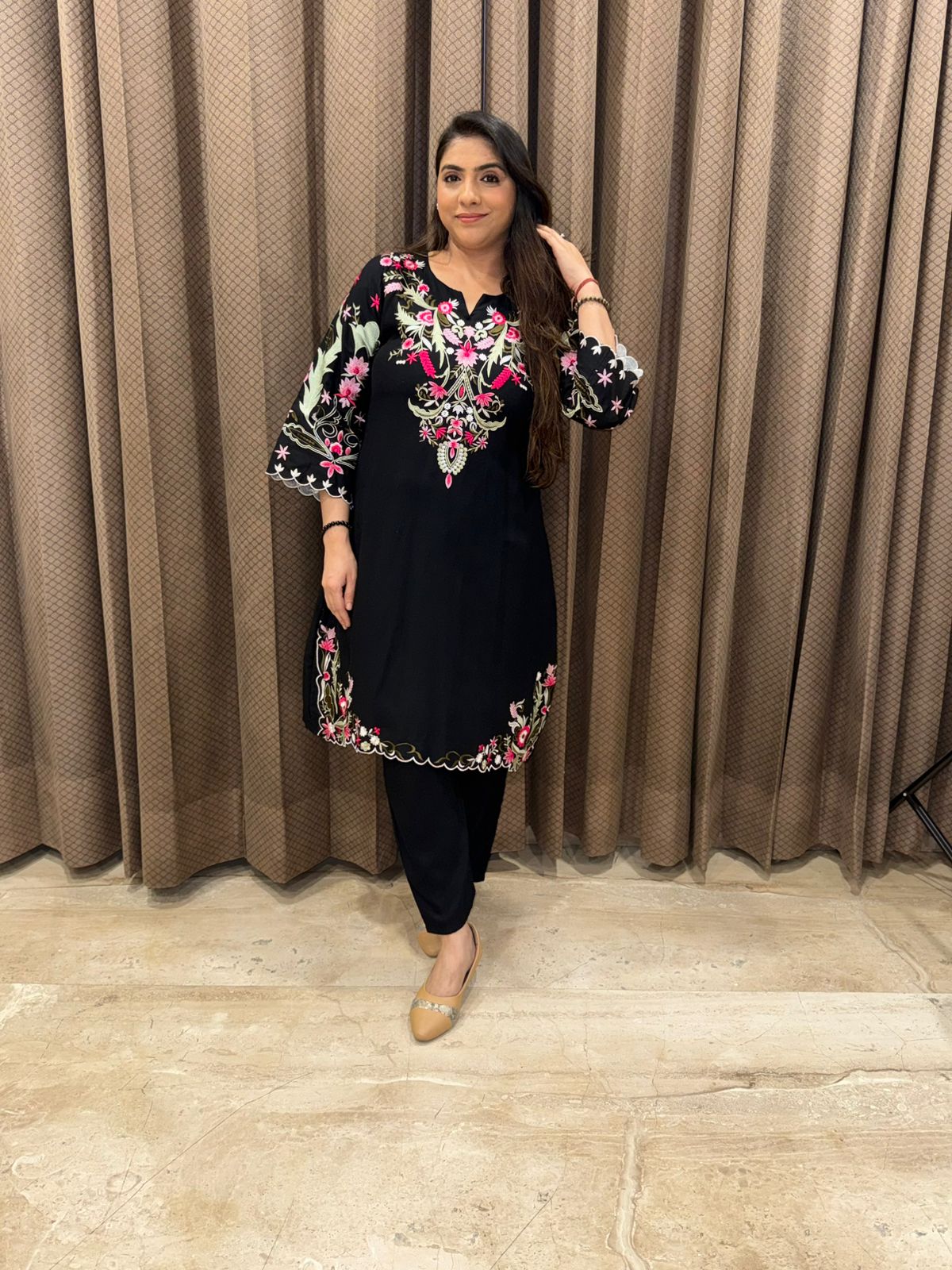 Jet Black Floral Embroidered  Co-ord Set