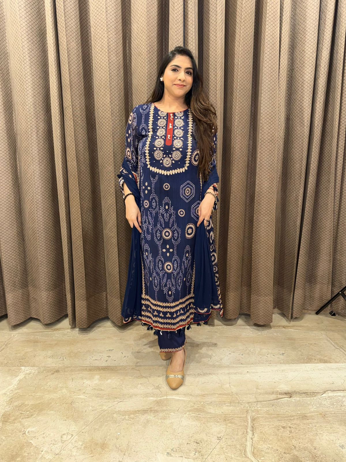 Midnight Blue Printed Kurta Set with Ethnic Motif Detailing & Straight Pants