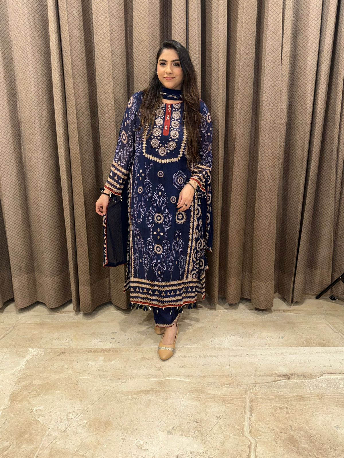 Midnight Blue Printed Kurta Set with Ethnic Motif Detailing & Straight Pants