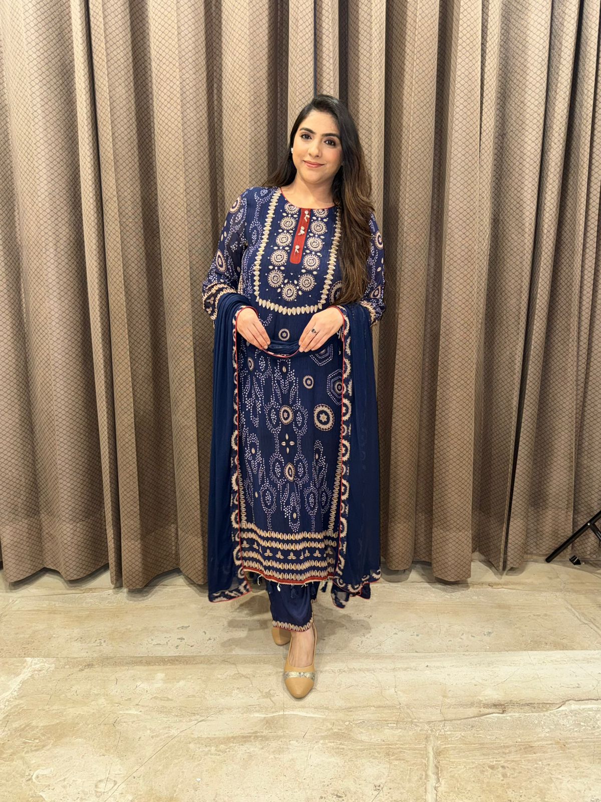 Midnight Blue Printed Kurta Set with Ethnic Motif Detailing & Straight Pants