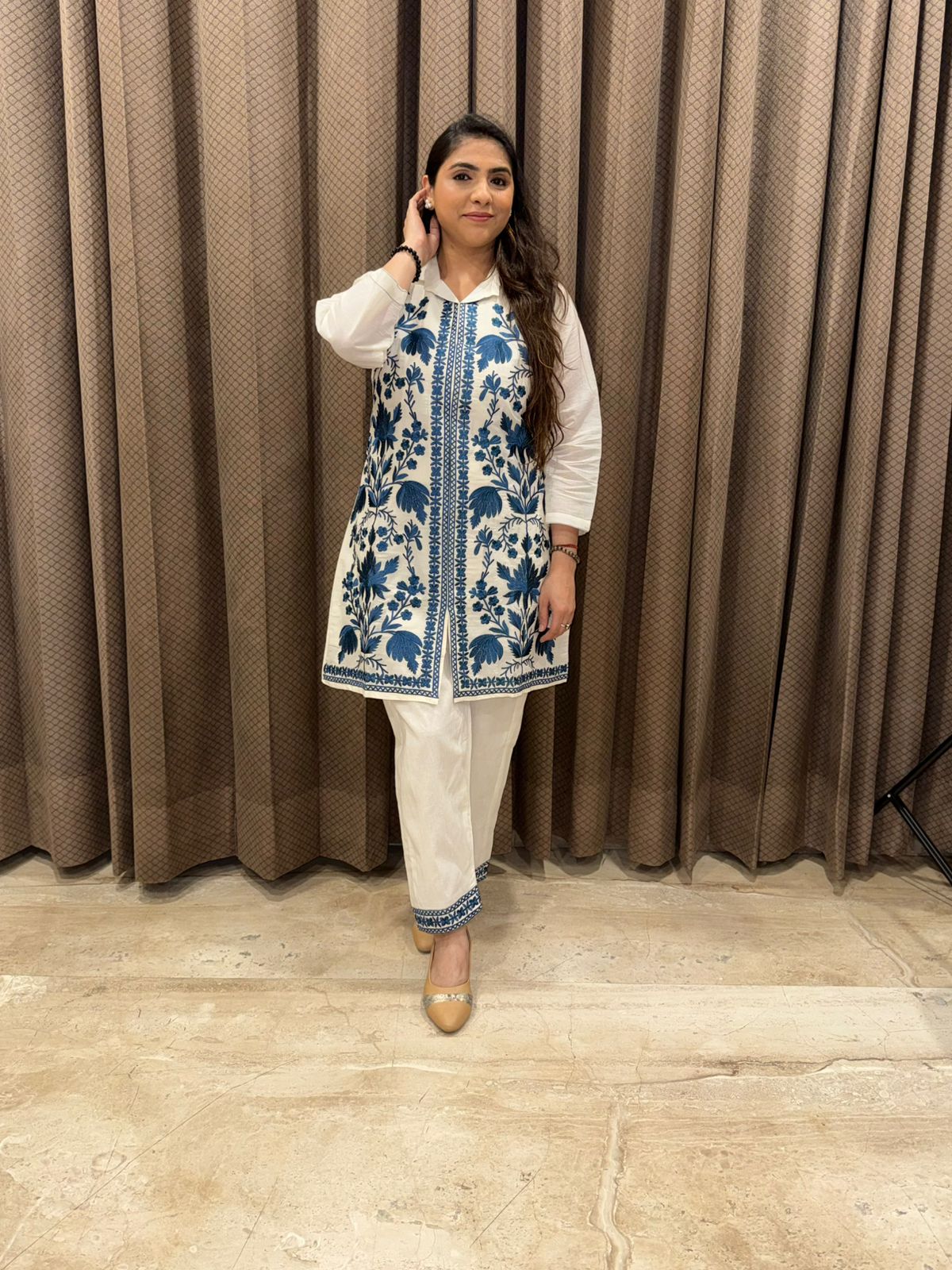 White Cotton Kashmiri thread Embroidery Co-ord set