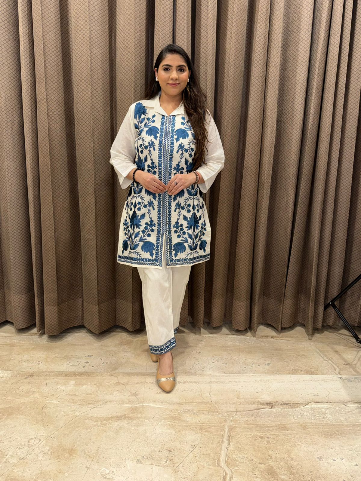 White Cotton Kashmiri thread Embroidery Co-ord set