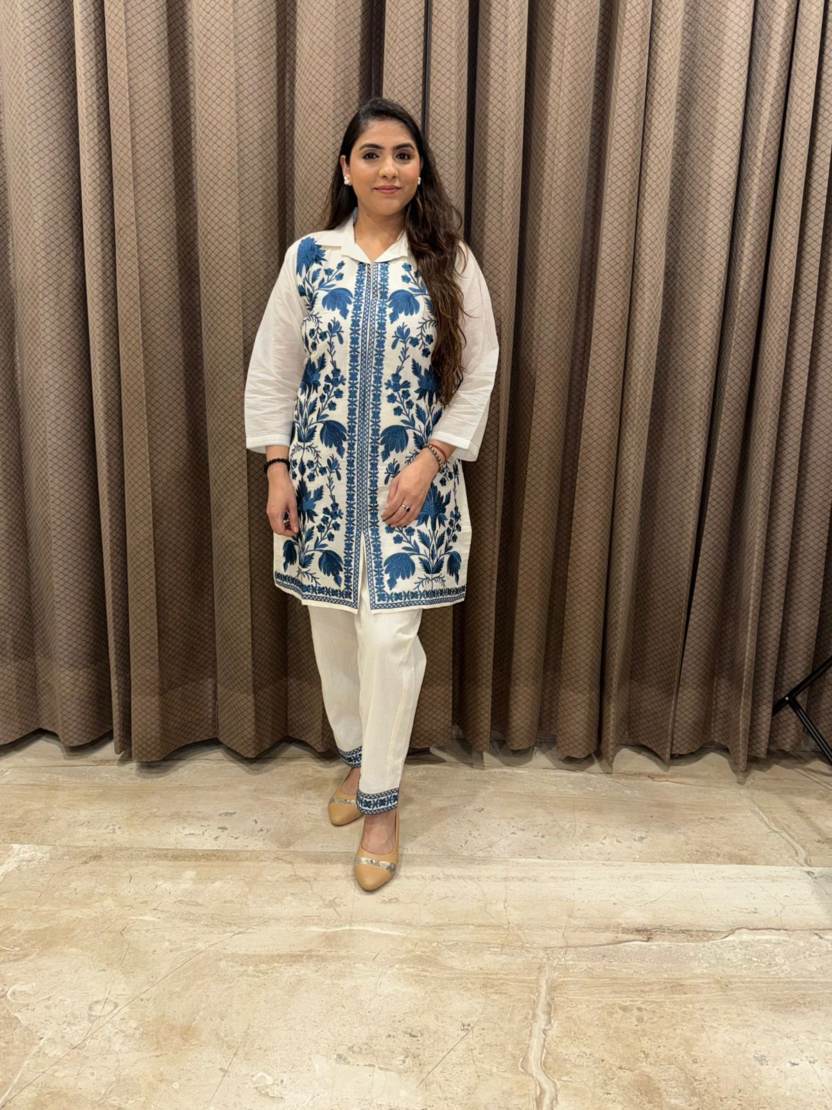 White Cotton Kashmiri thread Embroidery Co-ord set