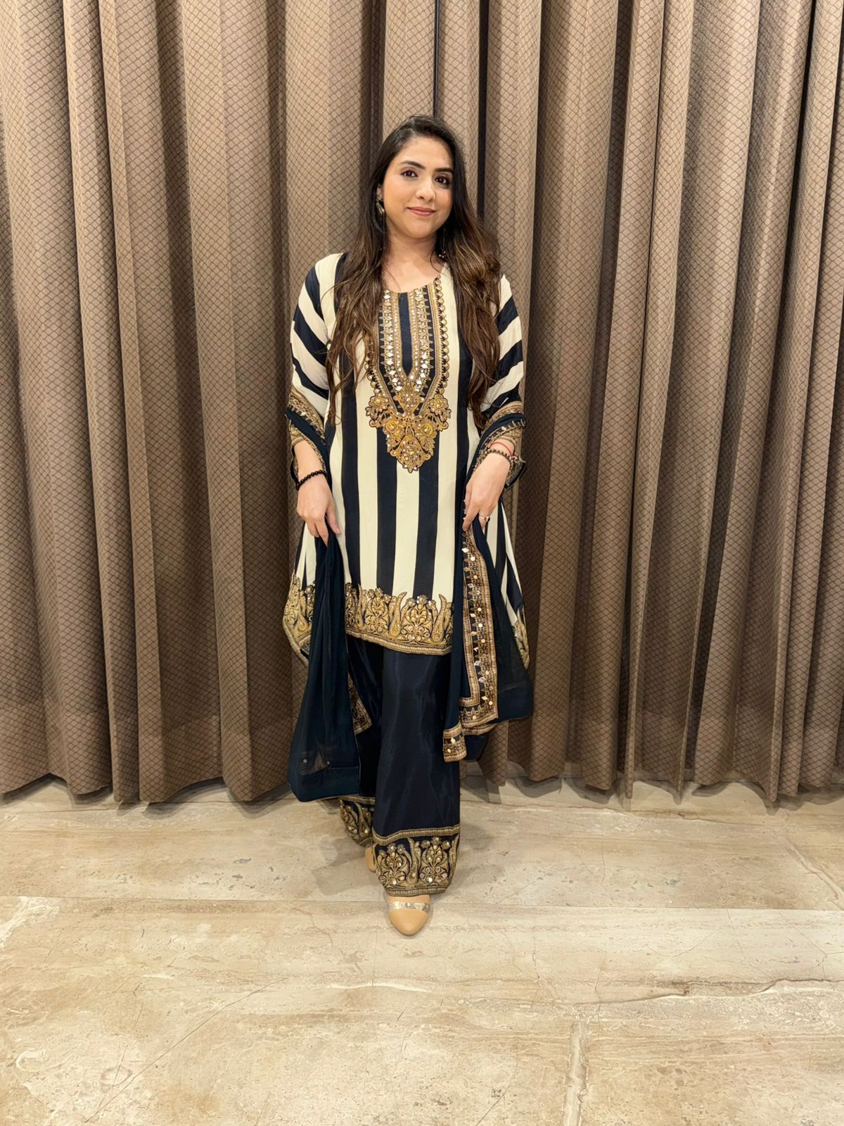 Black Striped & Digital Handwork C-Cut Kurta set with dupatta