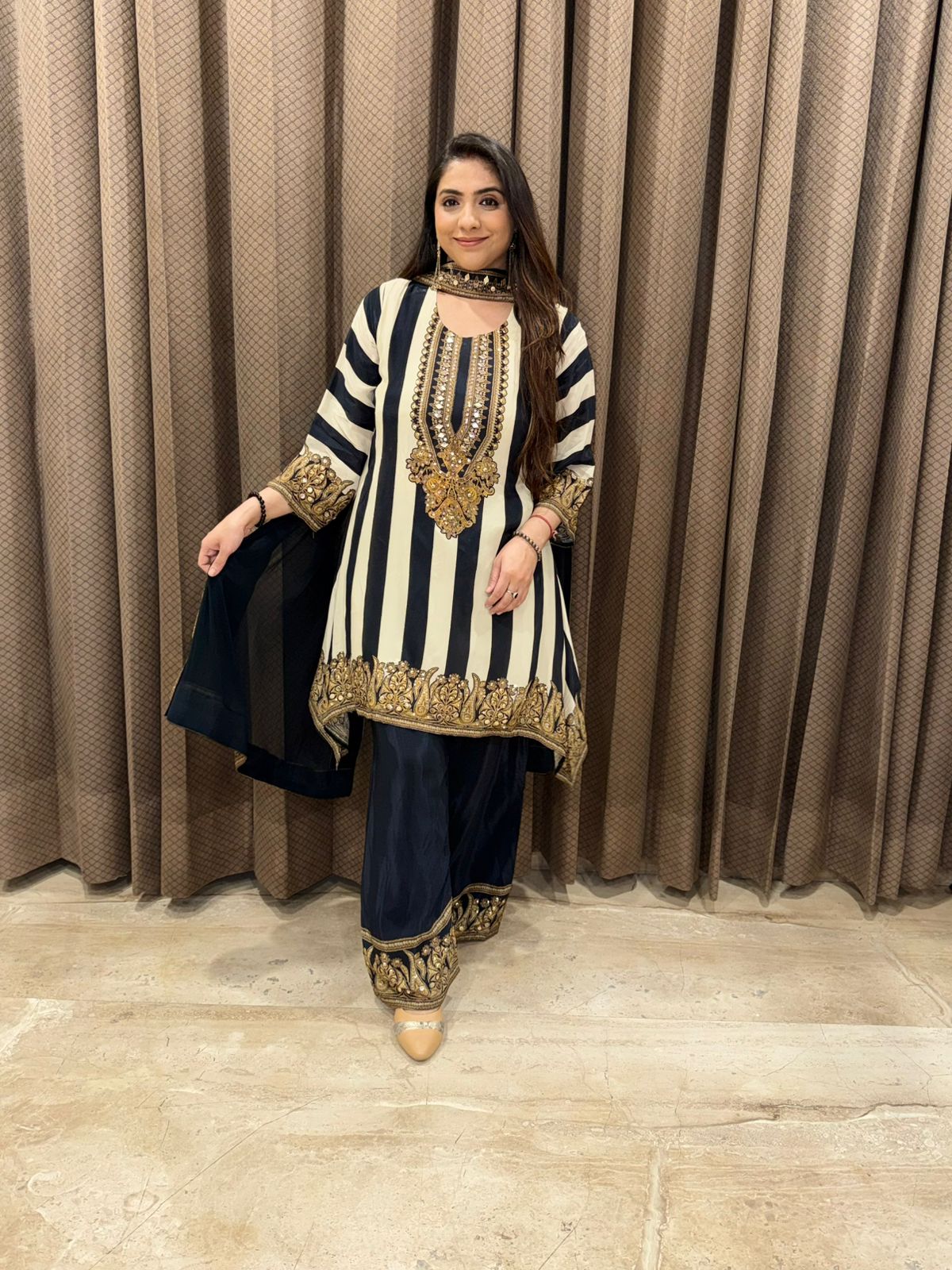 Black Striped & Digital Handwork C-Cut Kurta set with dupatta