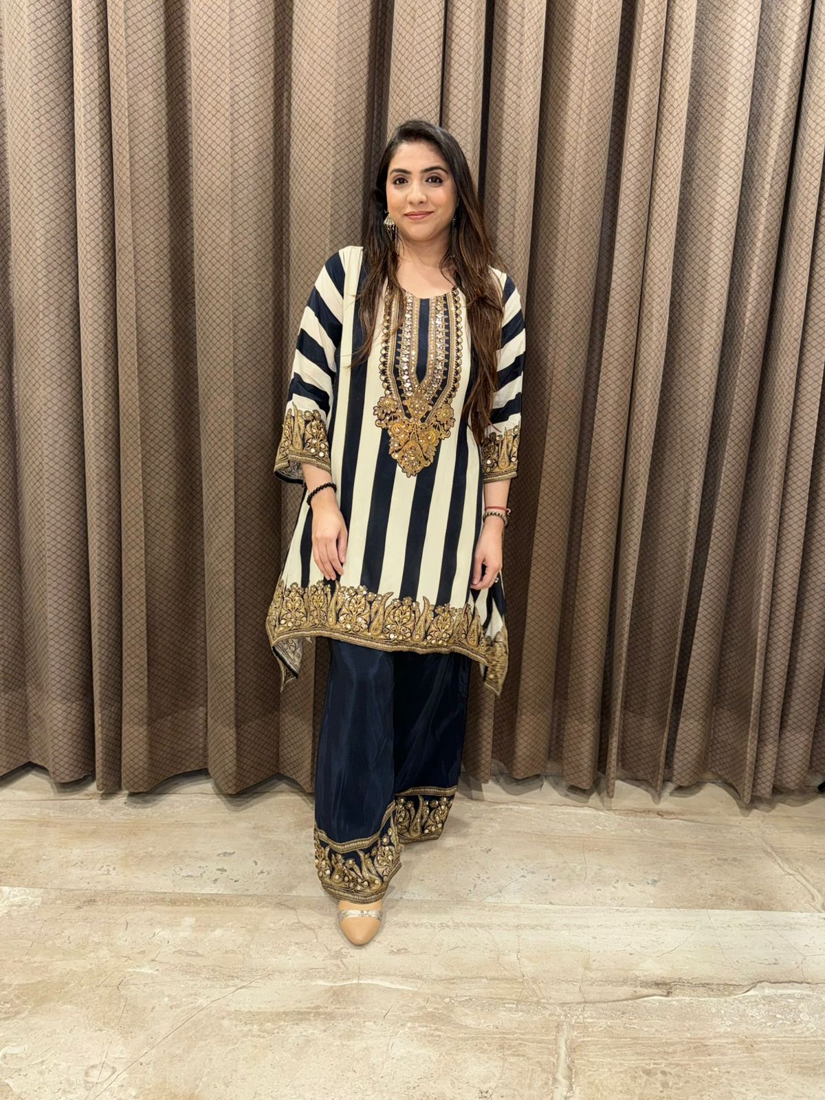 Black Striped & Digital Handwork C-Cut Kurta set with dupatta