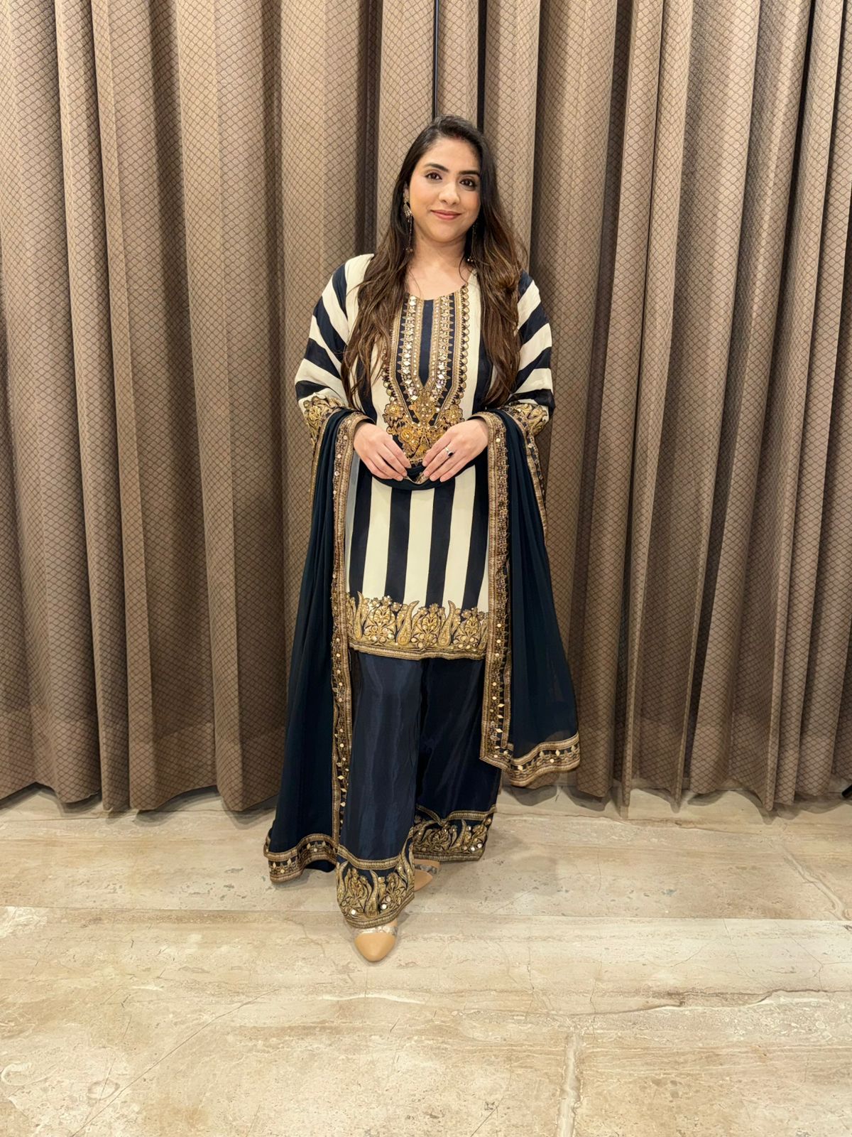 Black Striped & Digital Handwork C-Cut Kurta set with dupatta