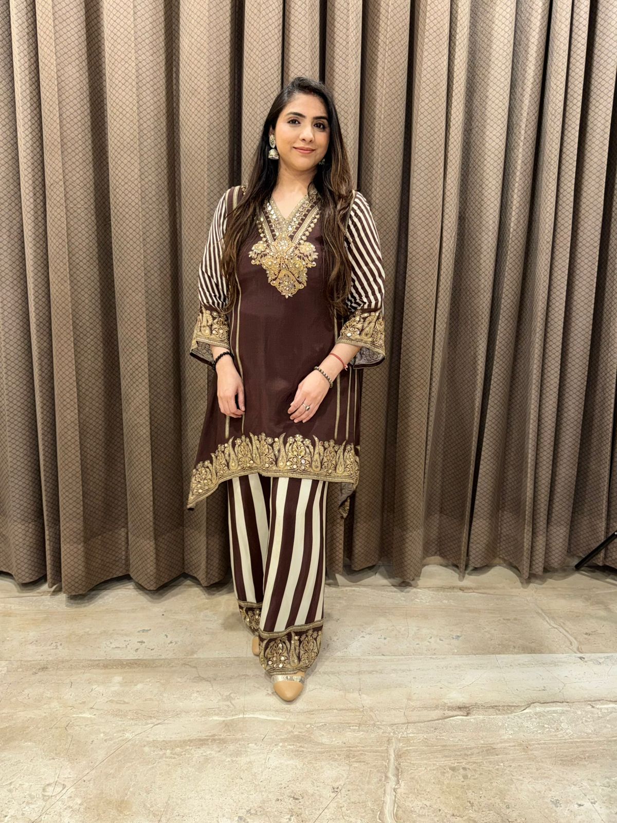 Brown Digital Handwork C-Cut Kurta set with dupatta