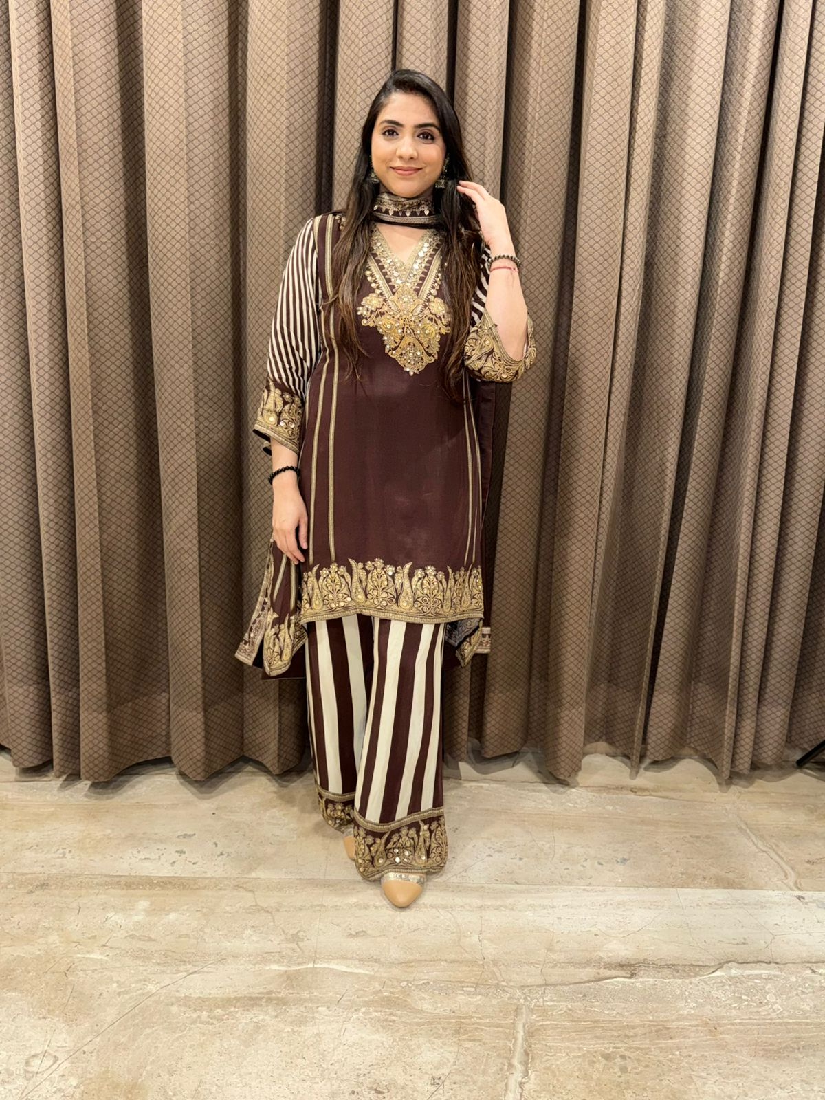 Brown Digital Handwork C-Cut Kurta set with dupatta