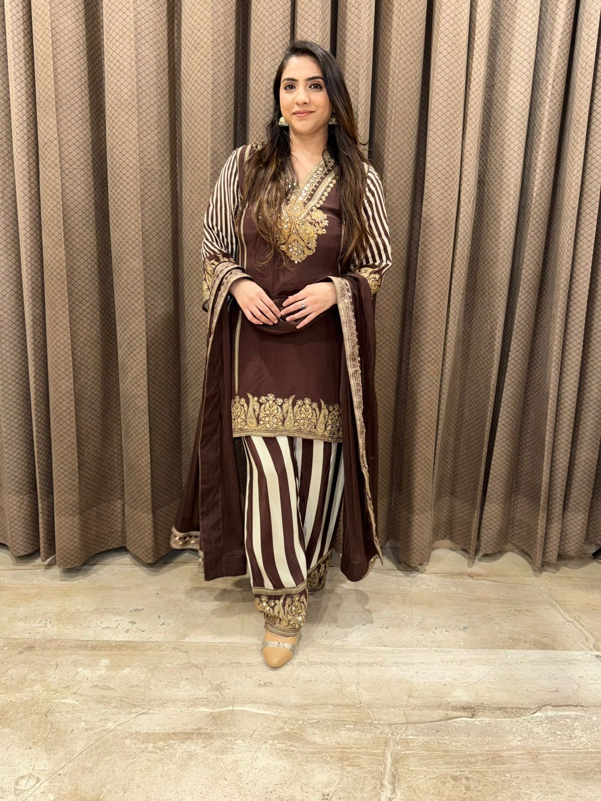 Brown Digital Handwork C-Cut Kurta set with dupatta