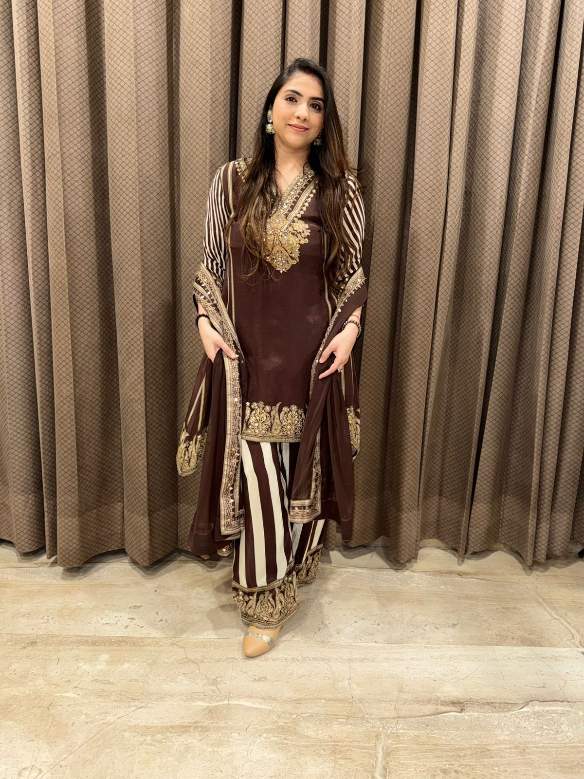 Brown Digital Handwork C-Cut Kurta set with dupatta