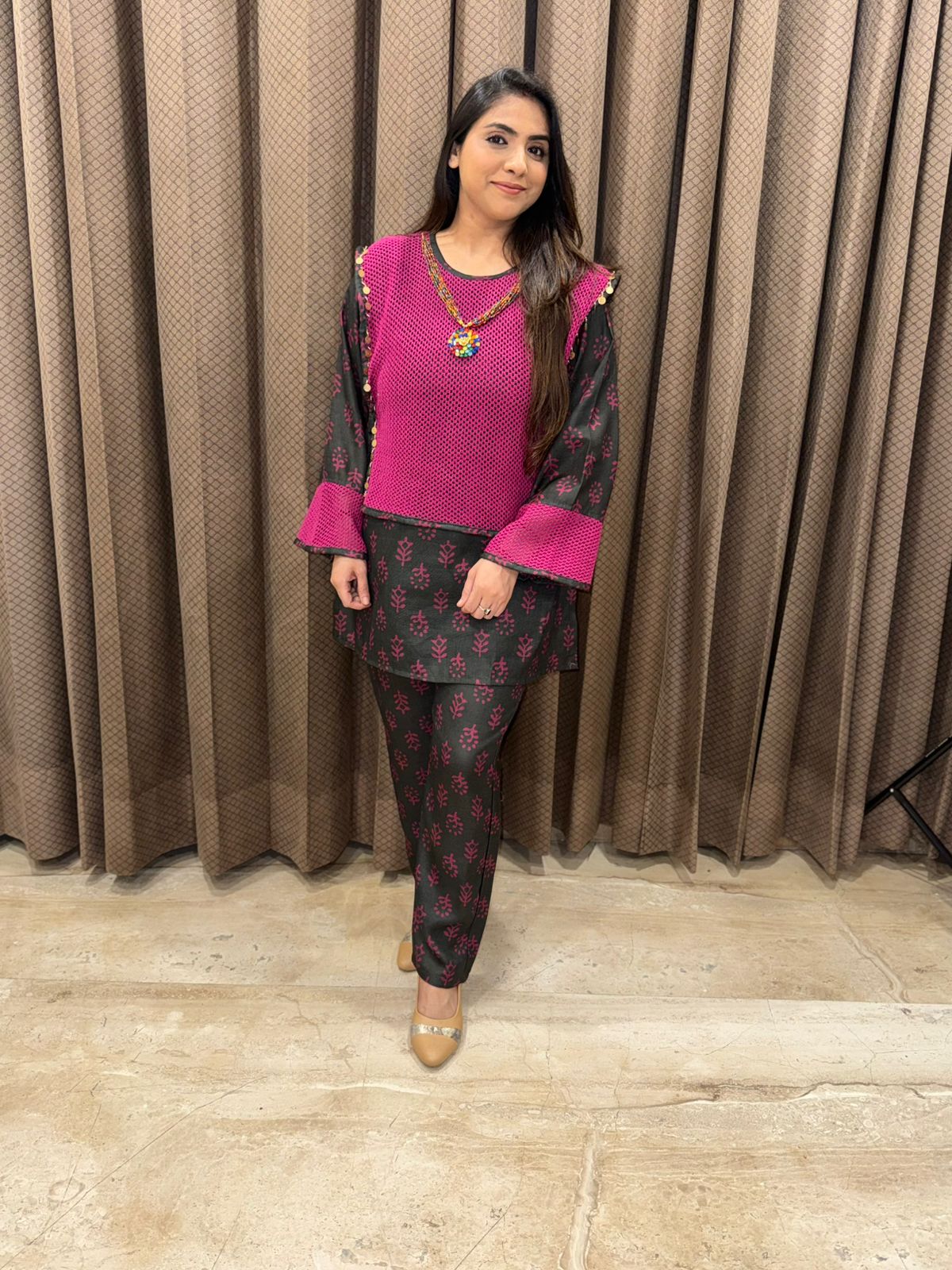 Vibrant Pink & Black Floral Print Co-ord set