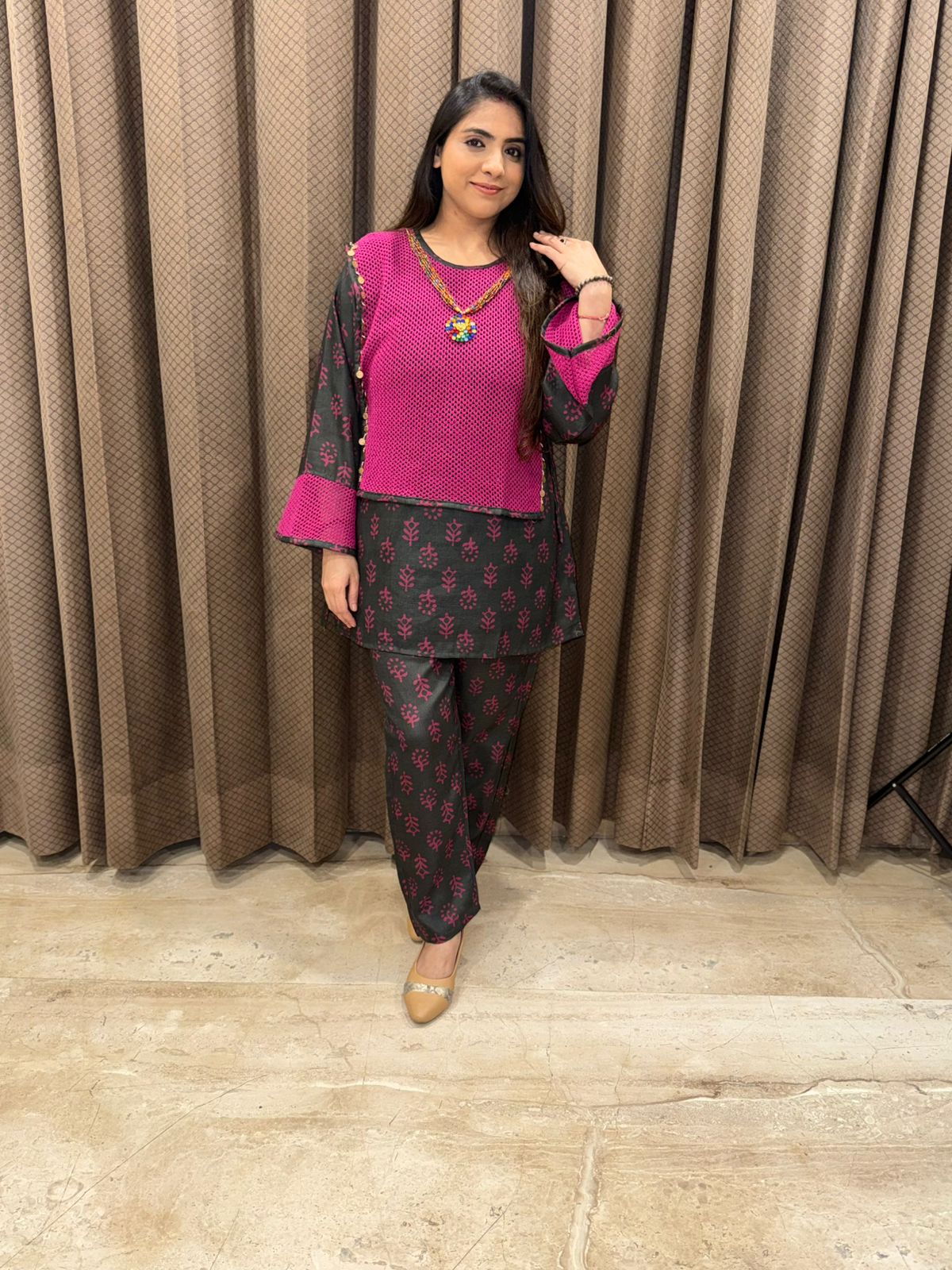 Vibrant Pink & Black Floral Print Co-ord set