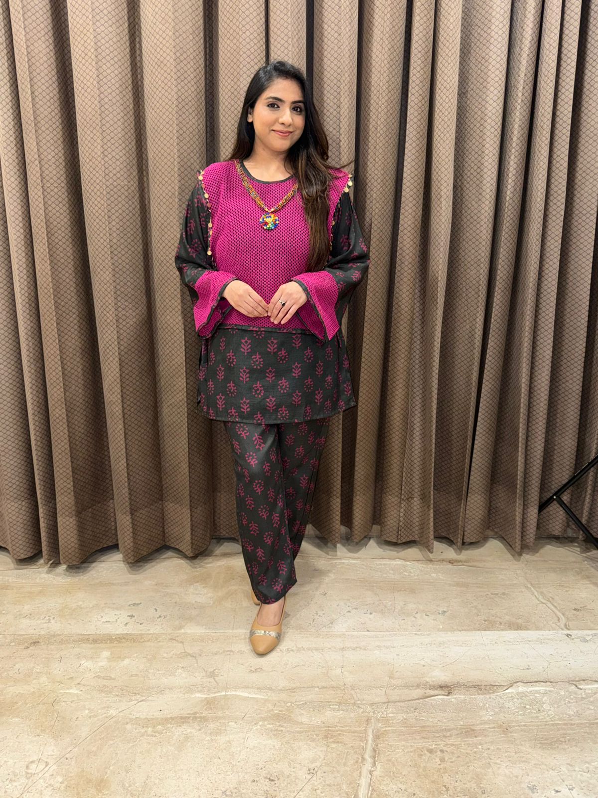 Vibrant Pink & Black Floral Print Co-ord set