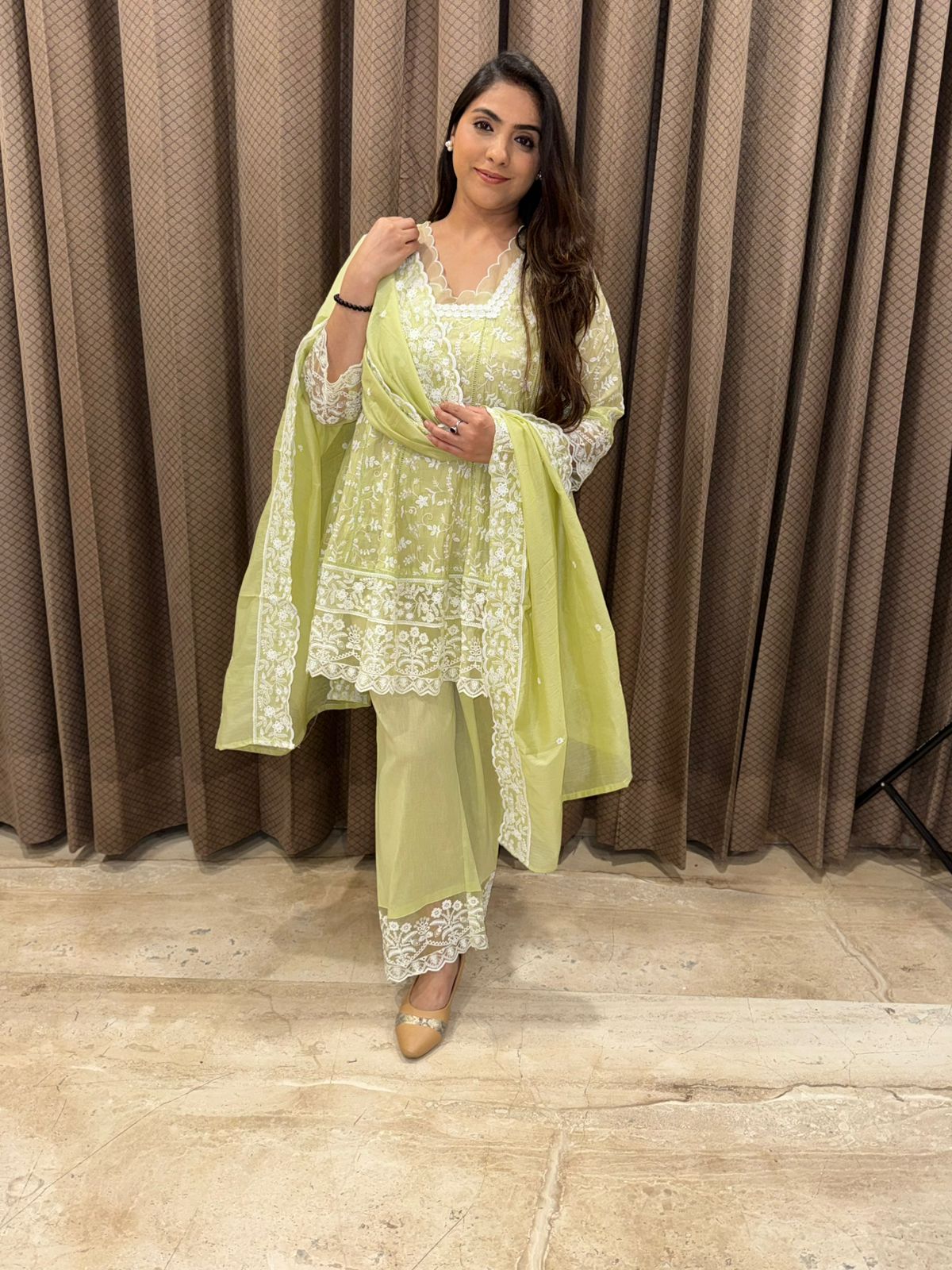 Soft Lime Green & White Chikankari Style Kurta Set with dupatta