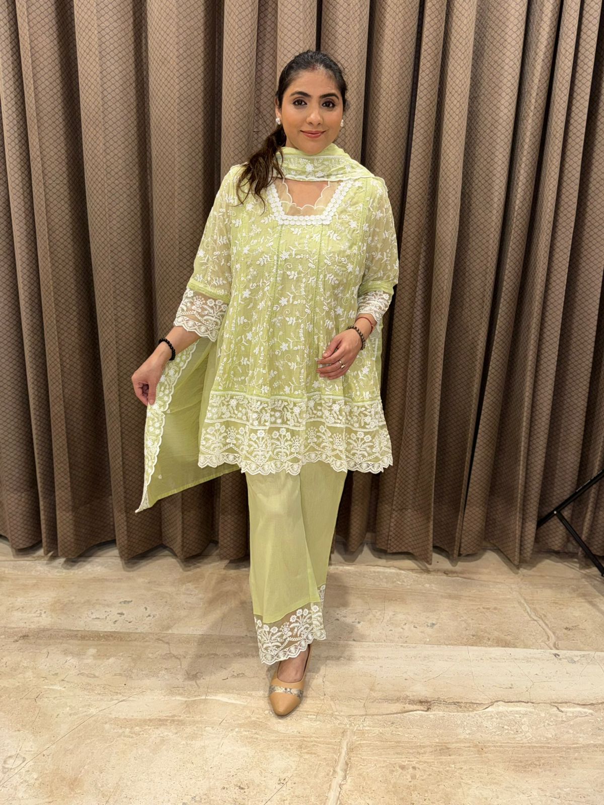 Soft Lime Green & White Chikankari Style Kurta Set with dupatta