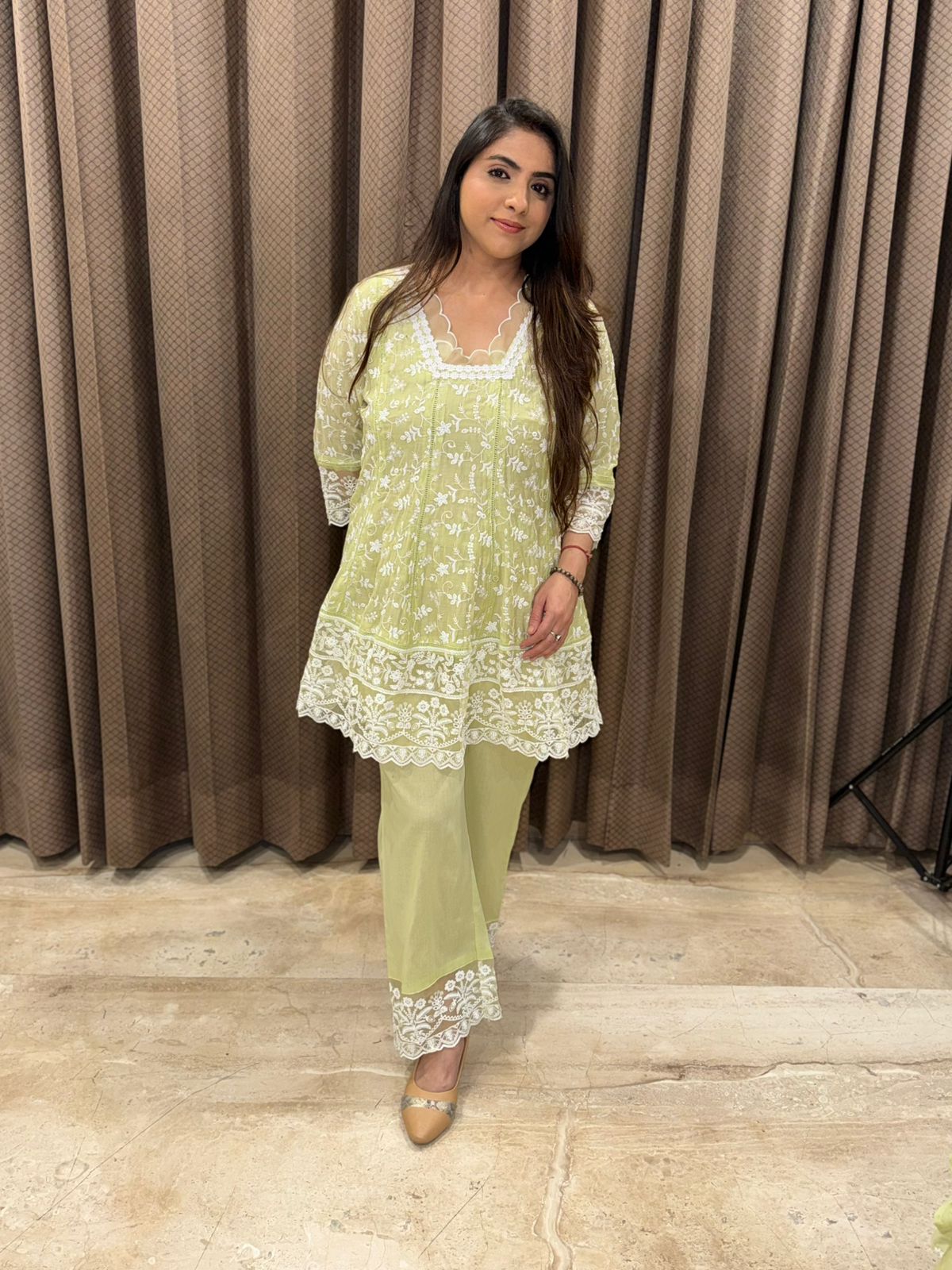 Soft Lime Green & White Chikankari Style Kurta Set with dupatta