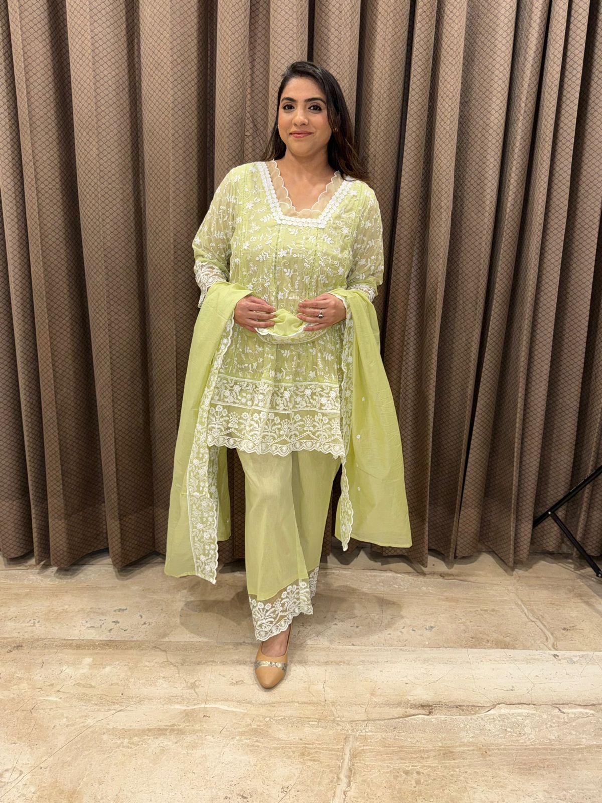 Soft Lime Green & White Chikankari Style Kurta Set with dupatta