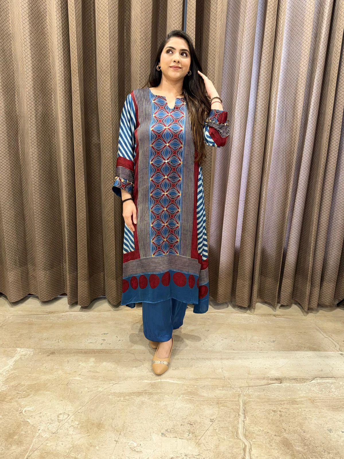 Elegant Indigo blue and maroon Ajrakh Designer Co-ord set