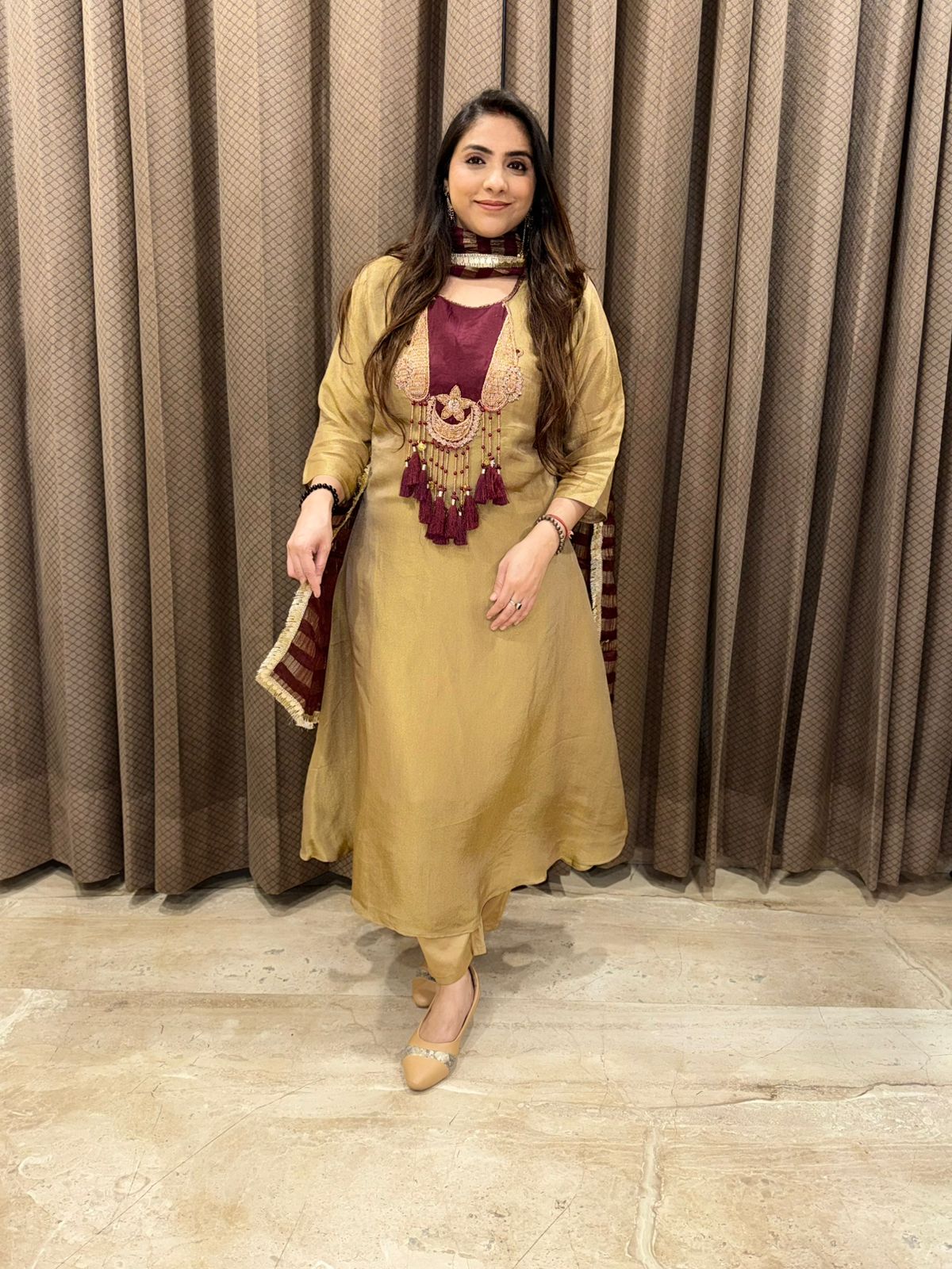 Premium Gold & Maroon Handwork Anarkali Set with Dupatta