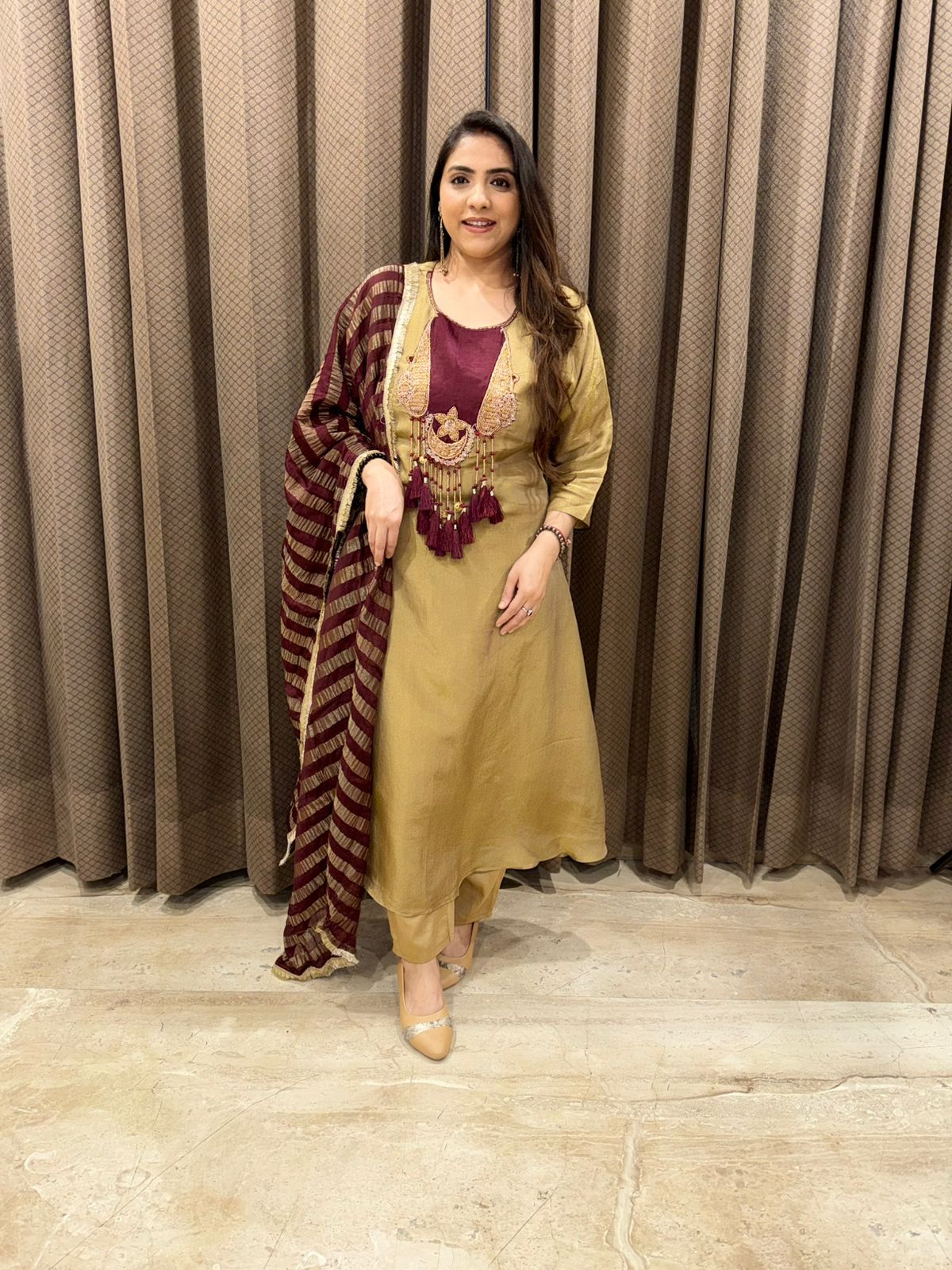 Premium Gold & Maroon Handwork Anarkali Set with Dupatta