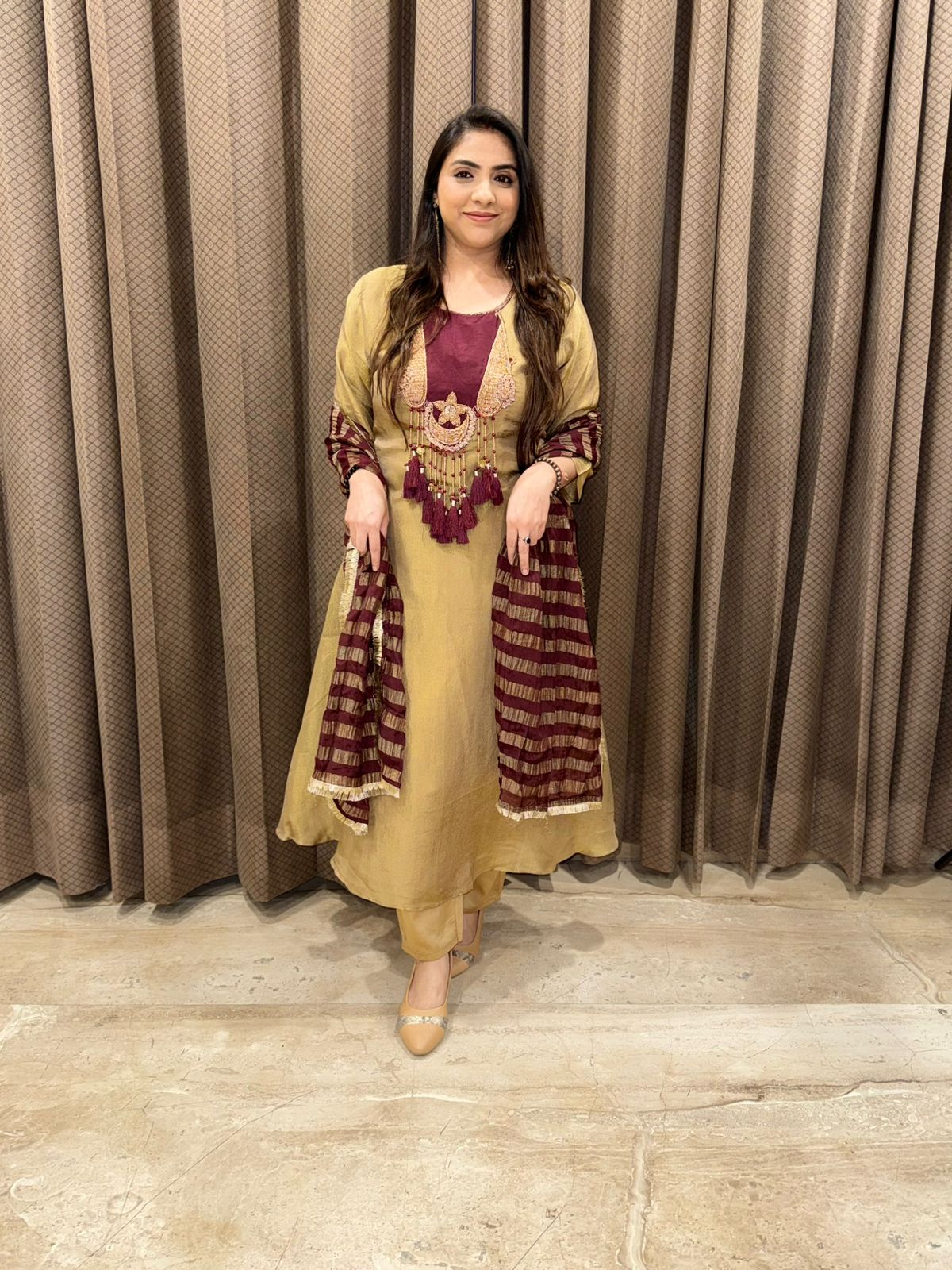 Premium Gold & Maroon Handwork Anarkali Set with Dupatta