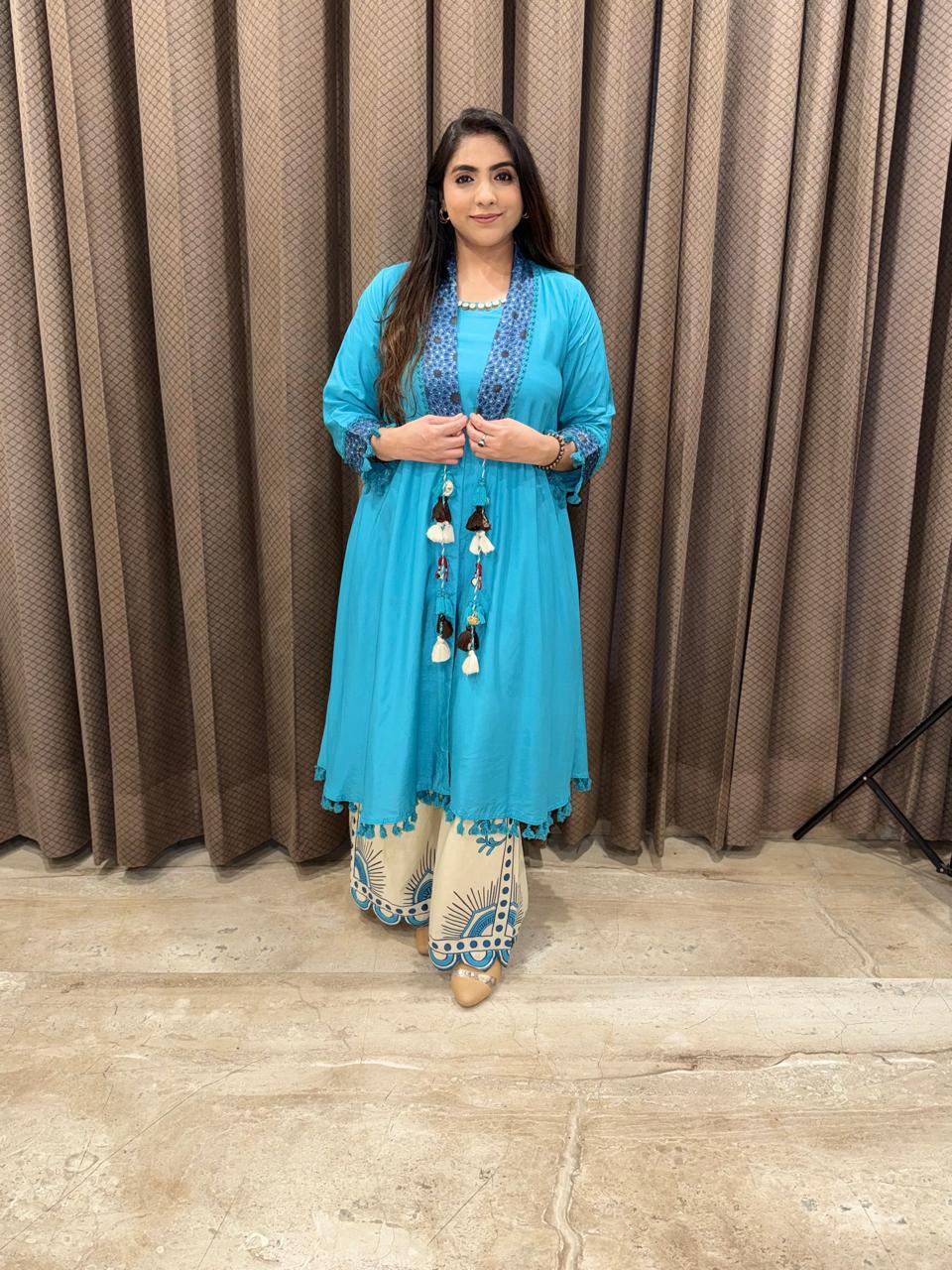 Beautiful Turquoise Boho Style Co-ord set with Linen palazoo & jacket