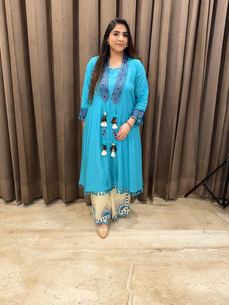 Beautiful Turquoise Boho Style Co-ord set with Linen palazoo & jacket