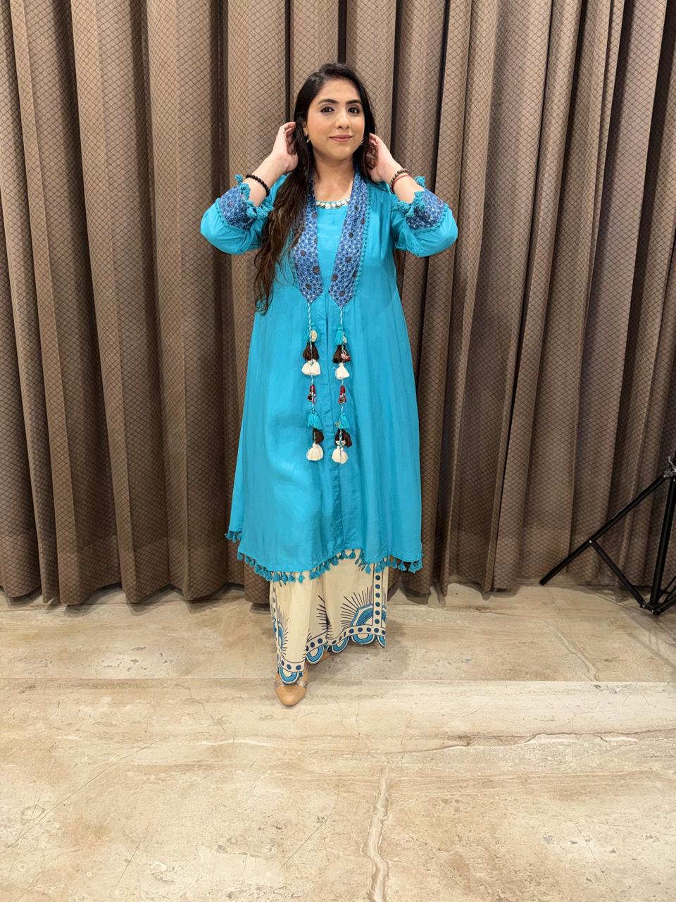 Beautiful Turquoise Boho Style Co-ord set with Linen palazoo & jacket
