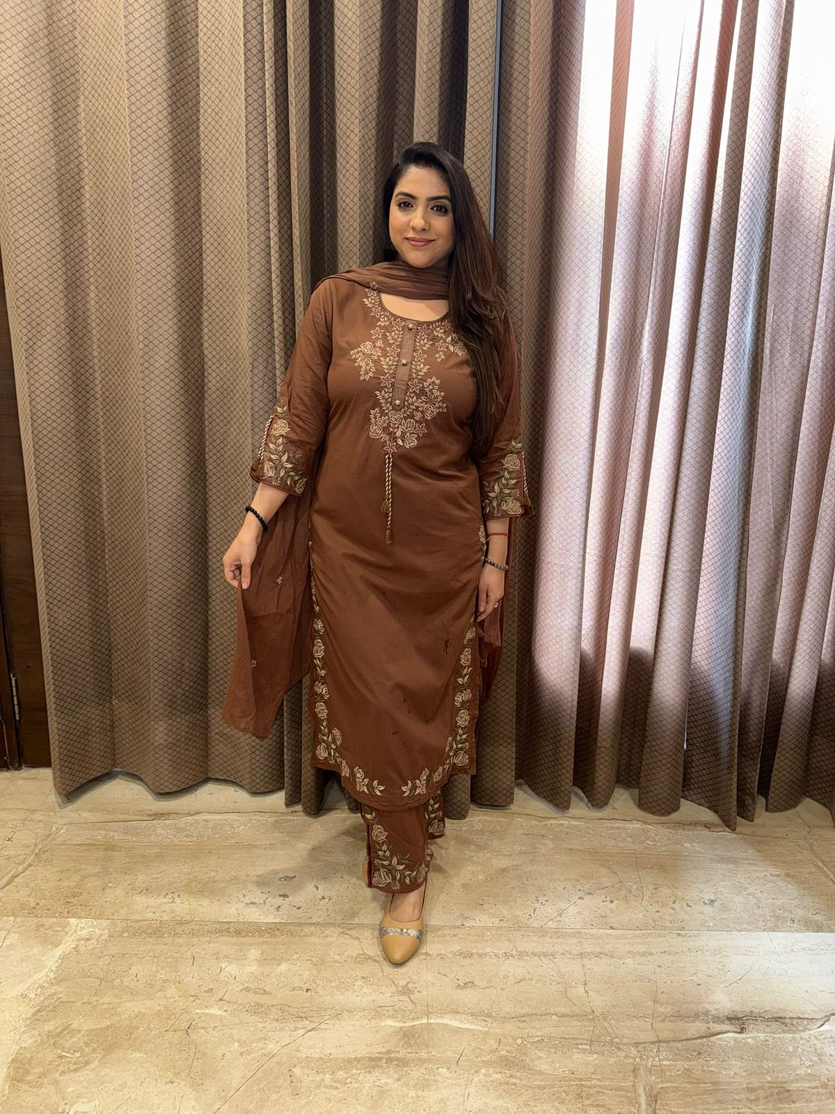 Brown Embroidered kurta set with dupatta