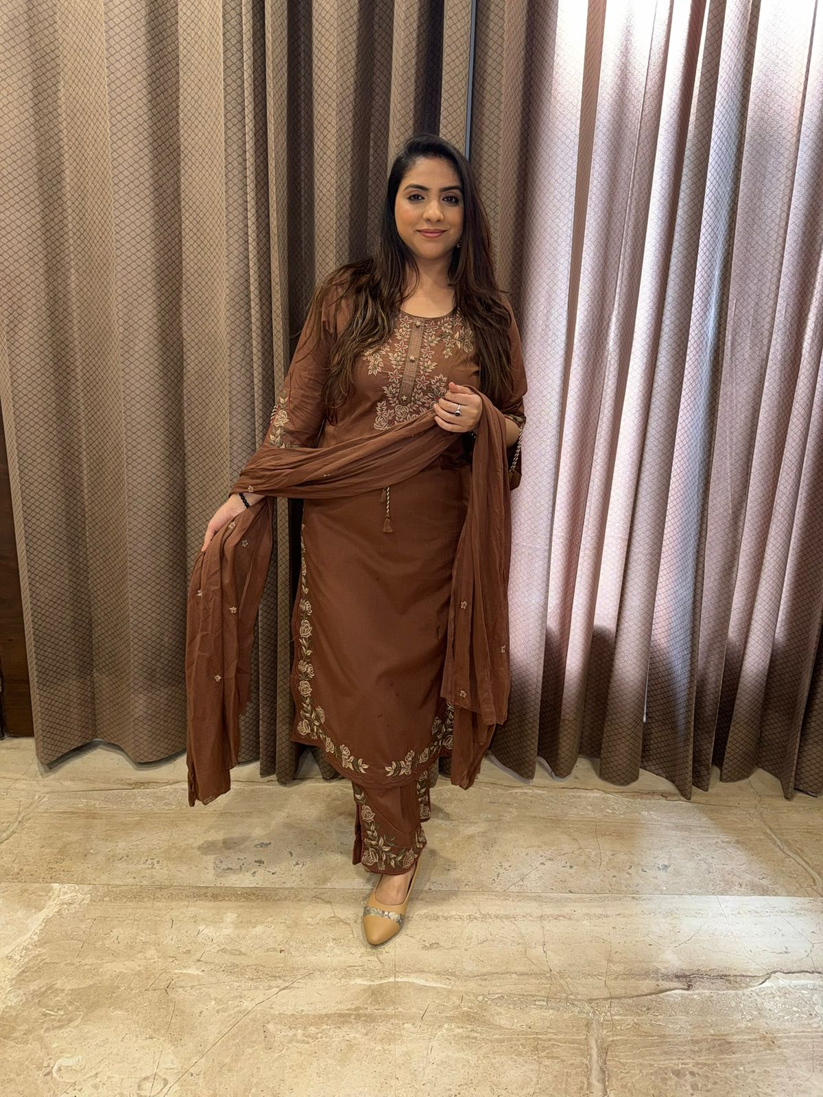 Brown Embroidered kurta set with dupatta